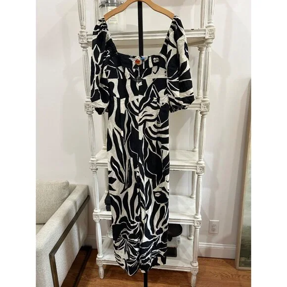 Anthropologie Farm Rio Puff-Sleeve Printed Linen Jumpsuit Size Small